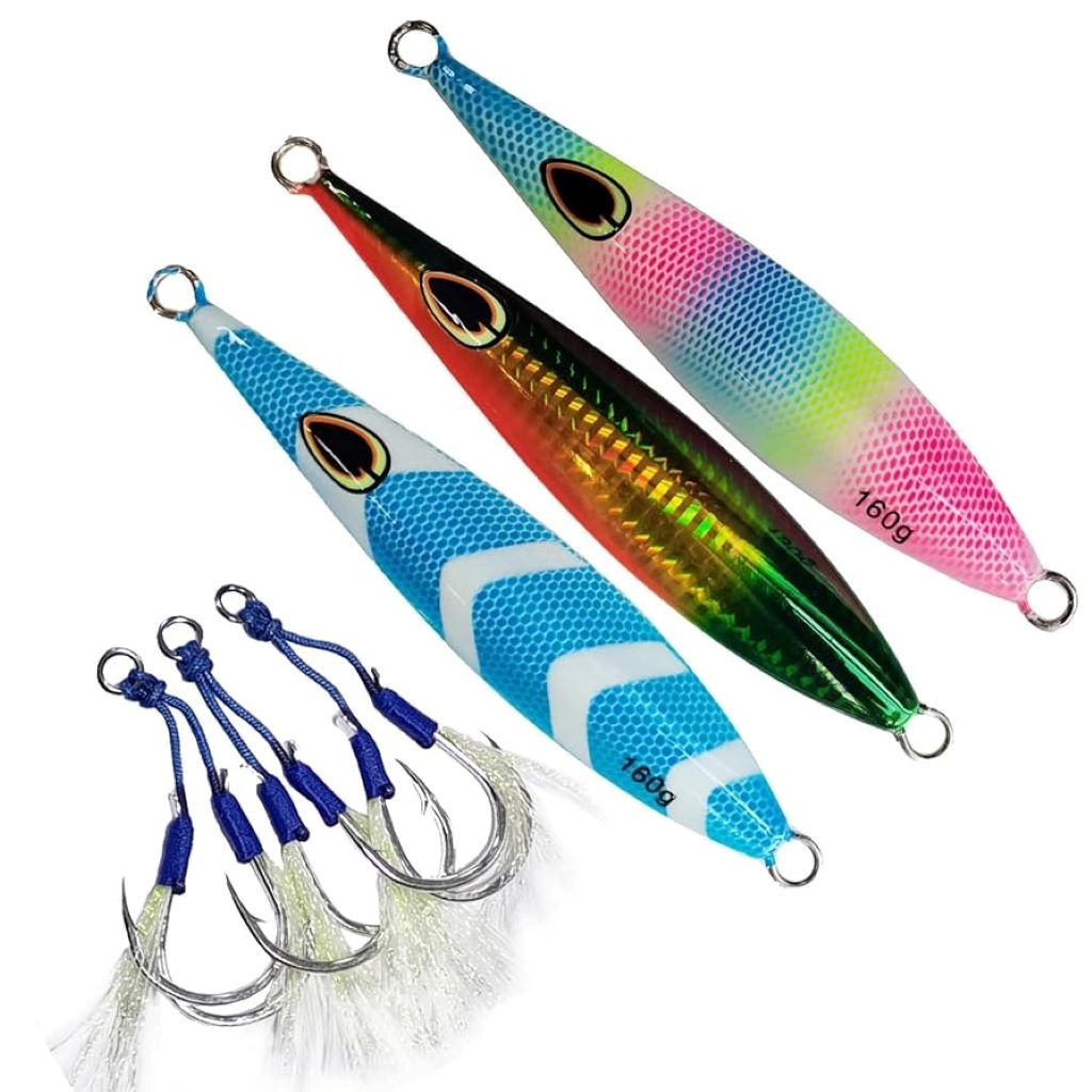Assortment of top-rated Canadian-made fishing jigs in vibrant colors and shapes for freshwater and saltwater fishing