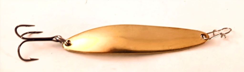 Set of shiny brass fishing spoons made in Canada, suitable for various freshwater and saltwater species