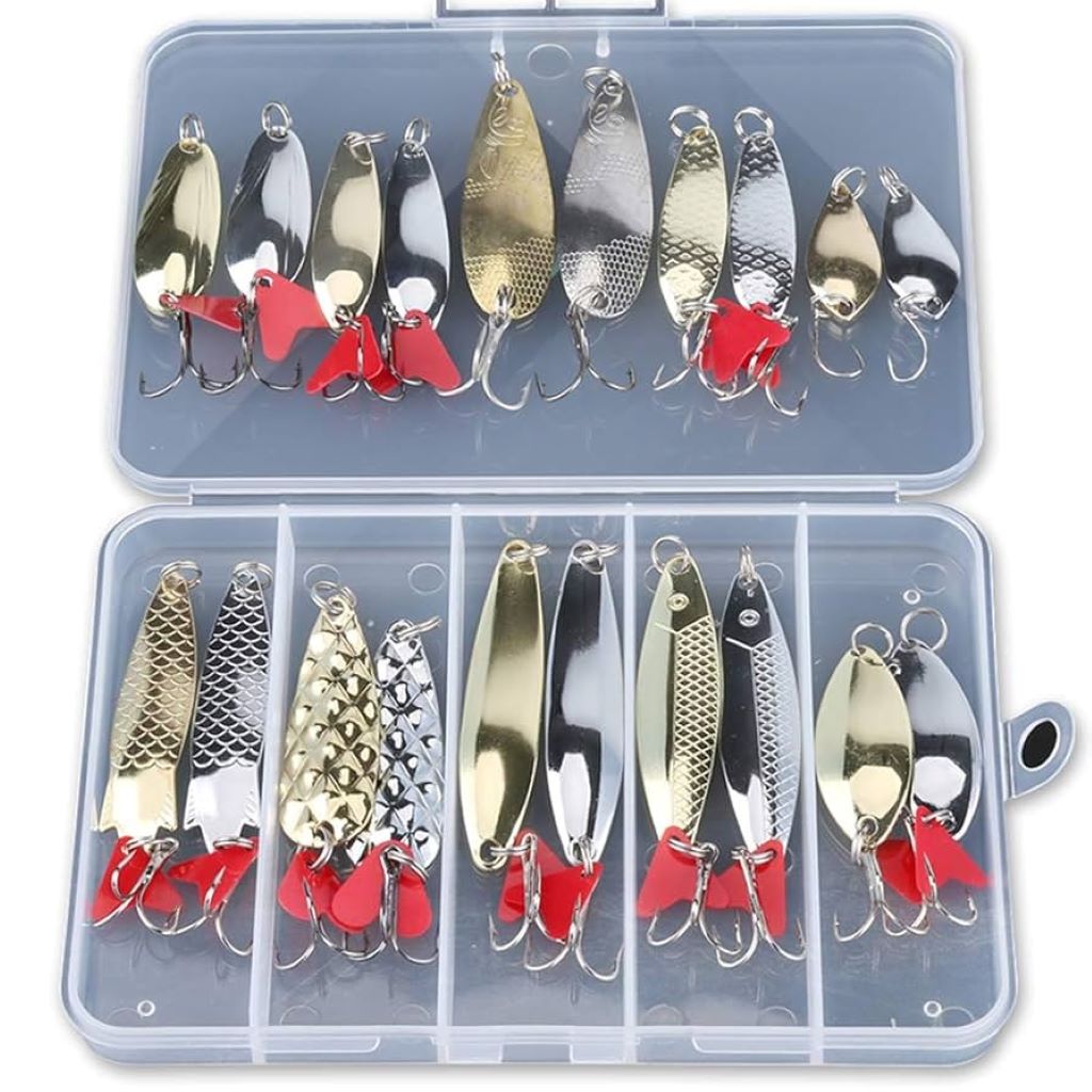 Close-up of must-have fishing spoons for Canadian anglers, showcasing premium metal lures arranged on a tackle box
