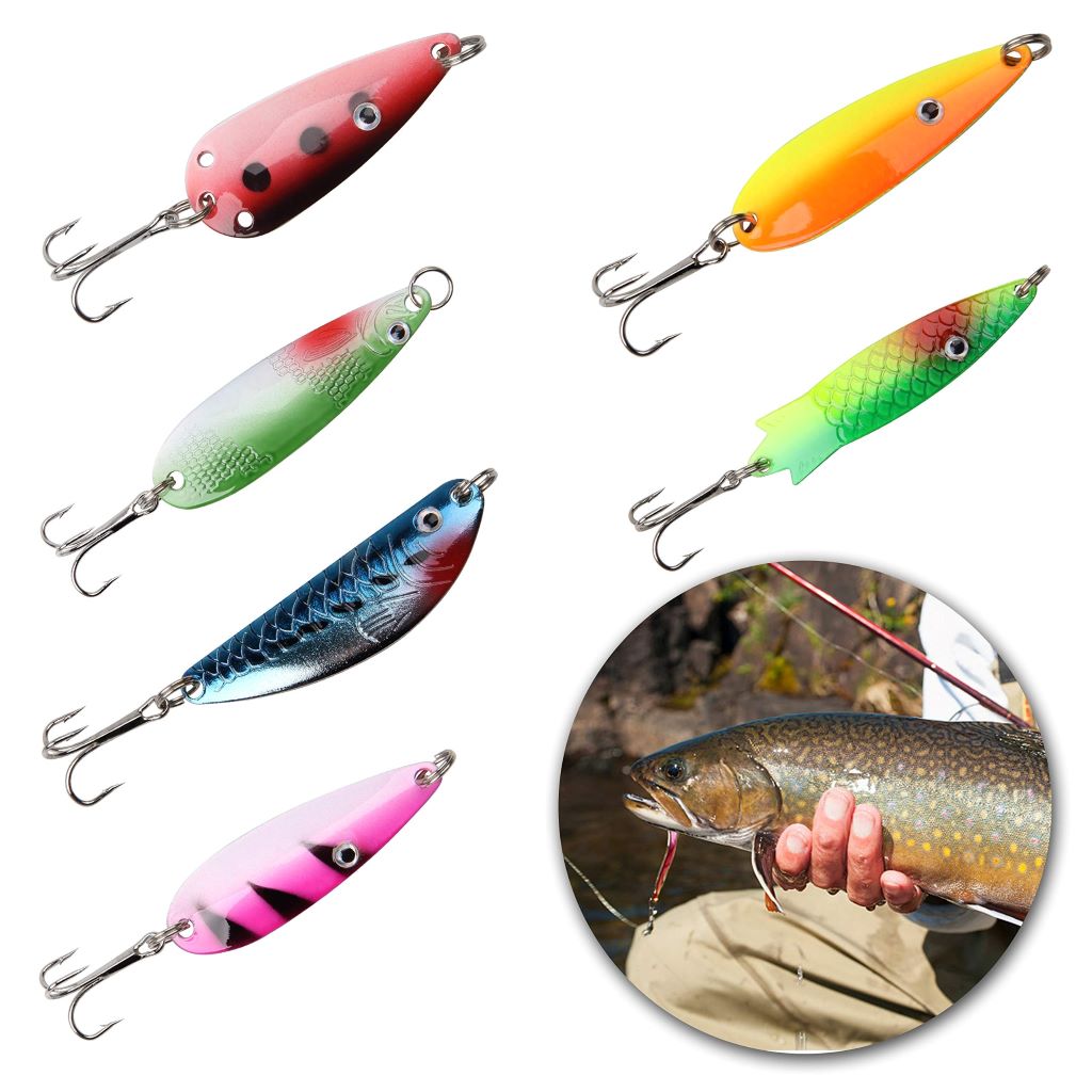 Display of top-selling fishing spoons in a Canadian tackle shop, featuring various lure colors and designs popular among anglers