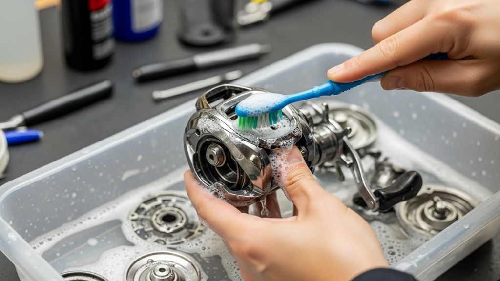 Person using toothbrush to scrub fishing reel with soapy water during tackle maintenance