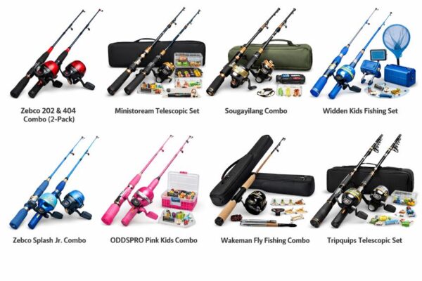 Assorted affordable fishing rod and reel combo kits for beginners and kids displayed side by side for 2026 comparison review