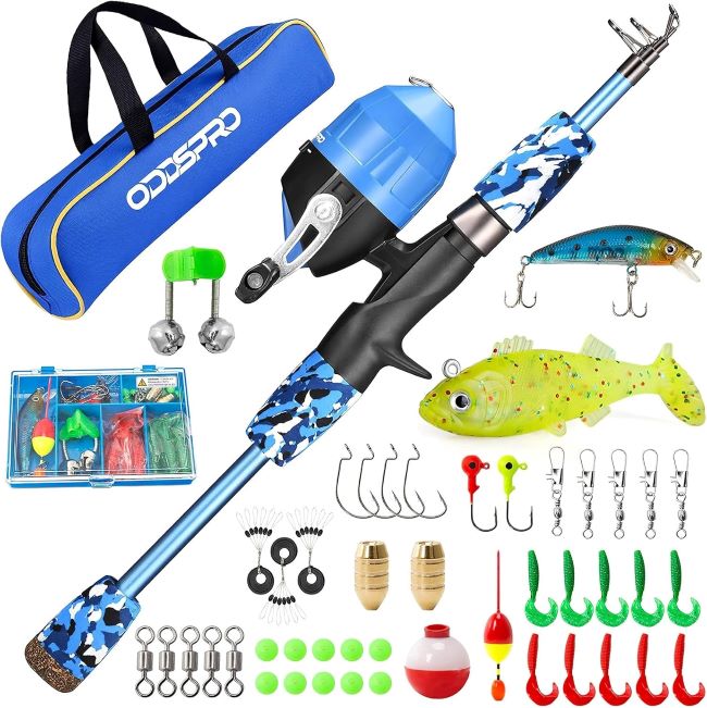 ODDSPRO pink kids fishing rod and reel combo kit with tackle box portable telescopic youth fishing pole