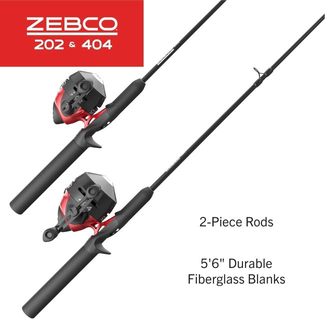 Zebco 202 & 404 spincast rod combo set with 5’6” two-piece poles and pre-spooled Cajun line, black and red