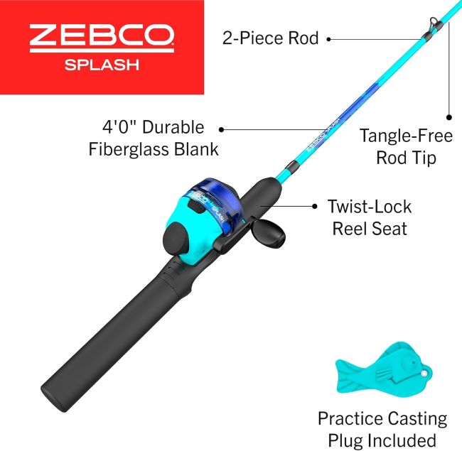 Zebco Kids Splash Jr spincast rod combo 4-foot two-piece pole with size 20 reel and 6 lb line