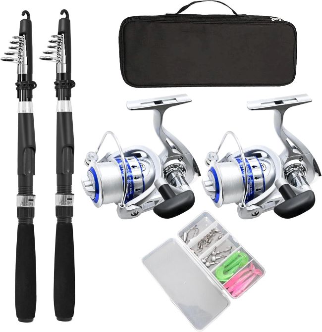 ministoream telescopic fishing rod combo kit with spinning reels, lures and carry bag for freshwater and saltwater fishing