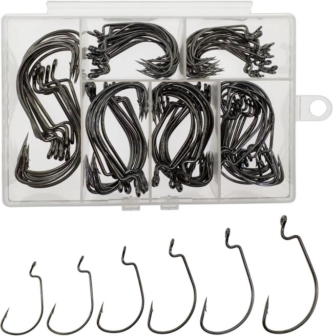 Afmivs 110PCS worm hooks for bass fishing, high-carbon steel in 6 sizes with portable storage box