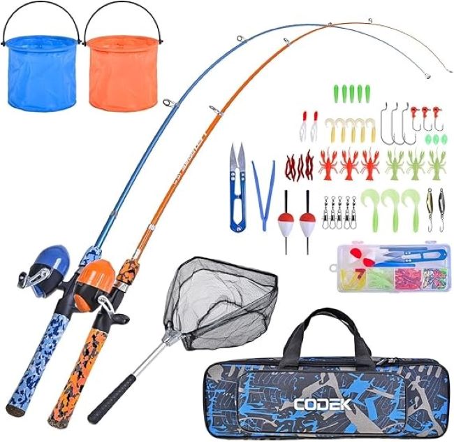 CODEK kids fishing pole full starter kit 2-pack telescopic rod and spincast reel combo with net and buckets