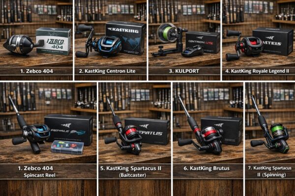 Comparison image of 7 fishing reels tested for speed, drag power, and durability including Zebco 404 and KastKing models.