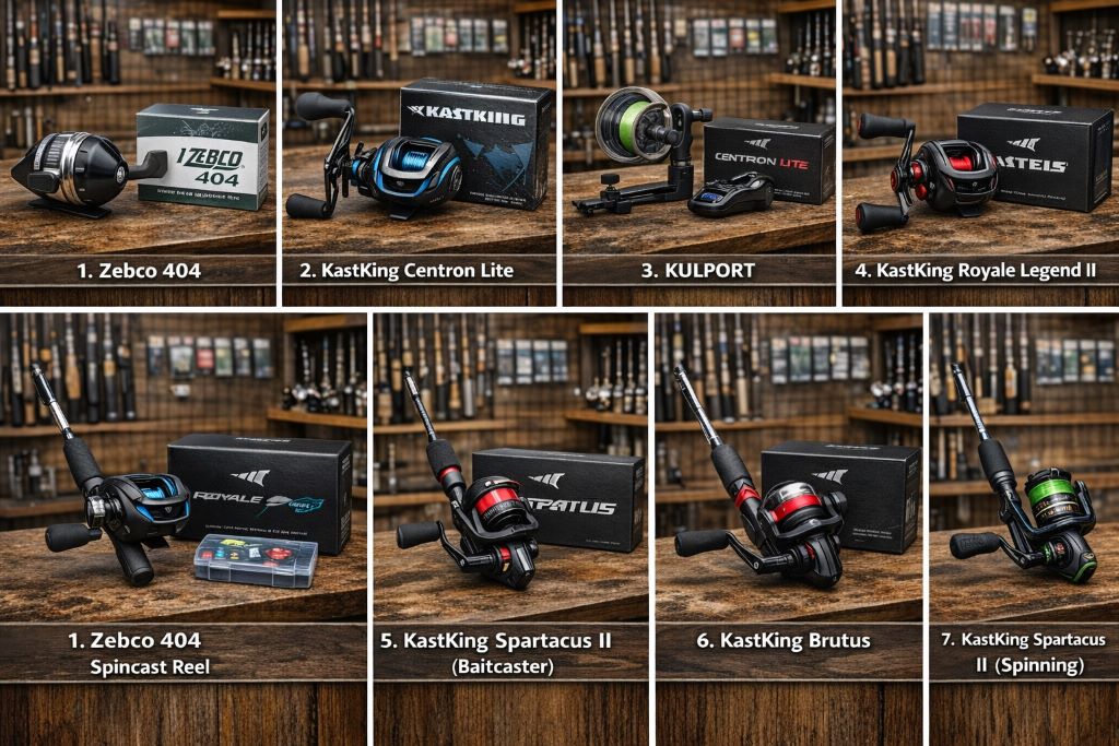 Comparison image of 7 fishing reels tested for speed, drag power, and durability including Zebco 404 and KastKing models.