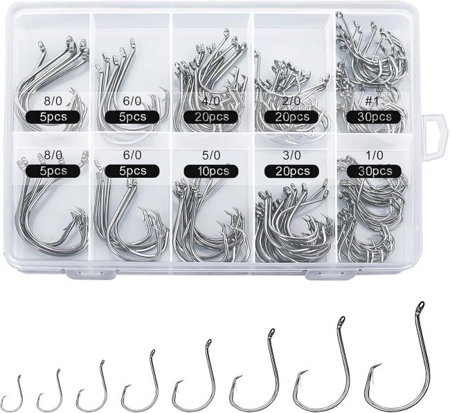 HSYMQ 150PCS high-carbon steel circle hooks for fresh and saltwater fishing, multiple sizes for versatile use