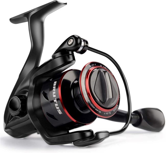 KastKing Brutus spinning reel with graphite frame, CNC aluminum spool and 5.2:1 gear ratio for freshwater fishing.