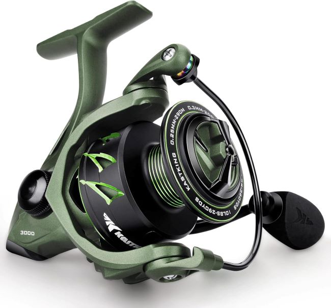 KastKing Spartacus II spinning reel with sealed carbon fiber 22 lb max drag, 7+1 stainless bearings for saltwater and ice fishing.