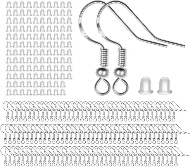 MENKEY 925 sterling silver earring hooks 120PCS with clear silicone backs, hypoallergenic jewelry findings kit