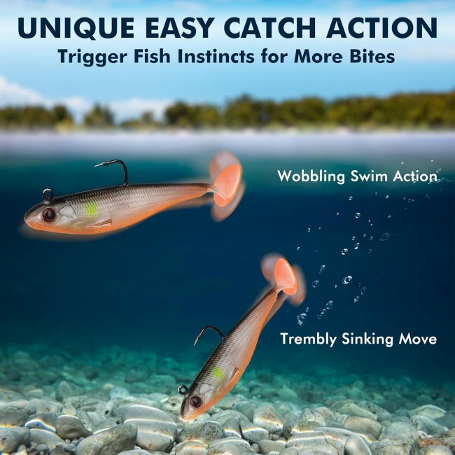 TRUSCEND pre-rigged soft fishing lures with vibrating swim action for bass, trout, crappie, and walleye