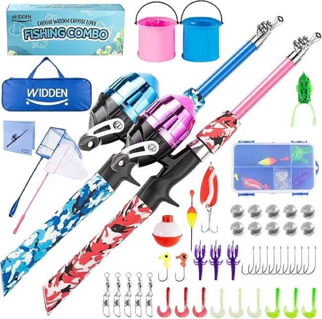 WIDDEN portable telescopic kids fishing rod and reel combo kit with tackle box and net for toddlers and youth