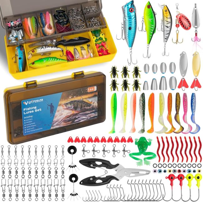 WITOROR fishing tackle box with lures, crankbaits, spoons, hooks, weights, and accessories for bass fishing