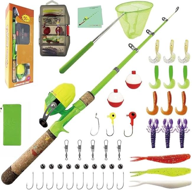Shudarocast kids fishing rod and reel combo set with tackle box, lures, hooks, net, and carry bag for beginners
