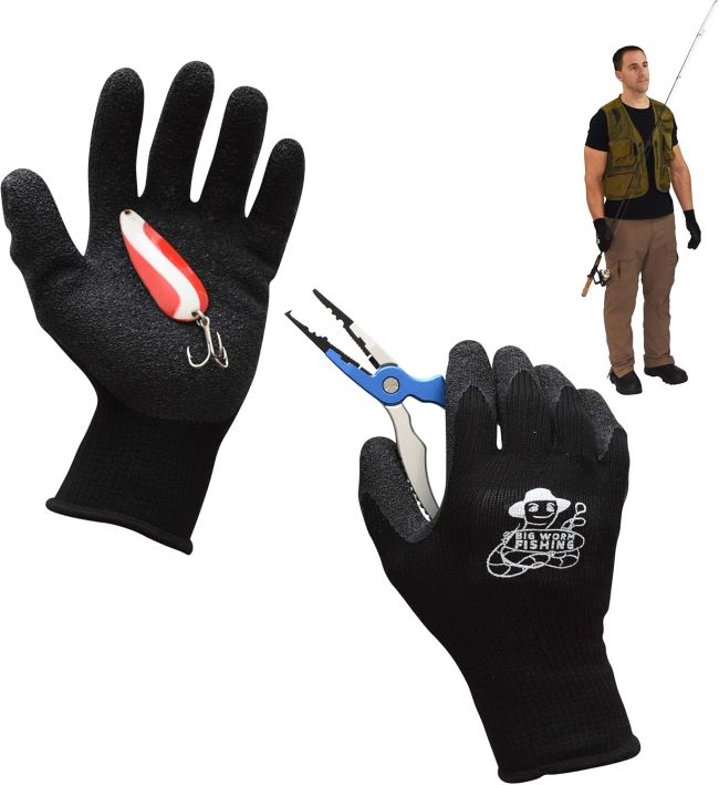 BIG WORM fishing gloves for fish handling and cleaning with textured grip palm and soft lining for secure filleting