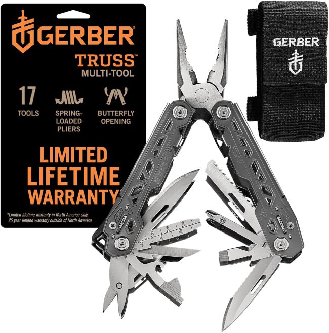 Gerber Truss 17-in-1 multitool with needle nose pliers, knife and screwdriver for fishing, camping and outdoor gear
