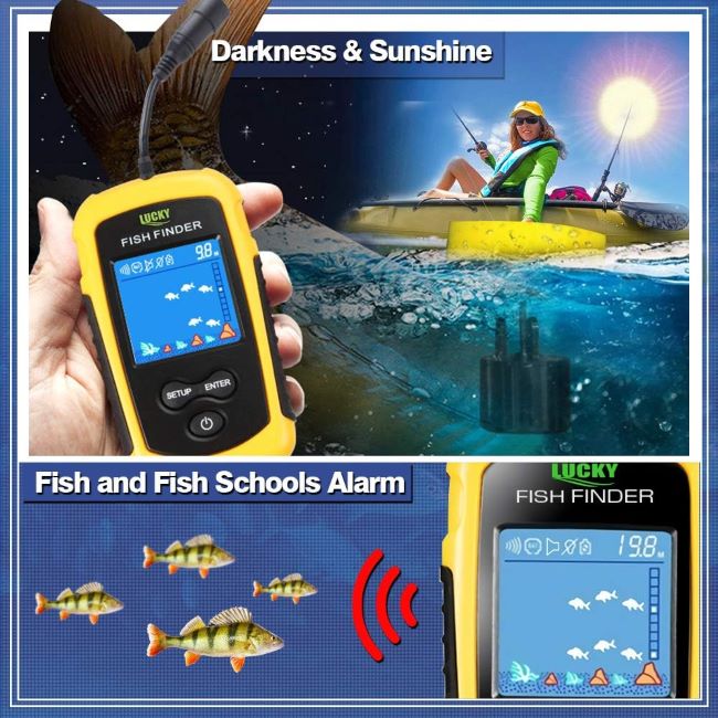 LUCKY handheld kayak fish finder with sonar display and portable transducer for depth detection in boats and kayaks