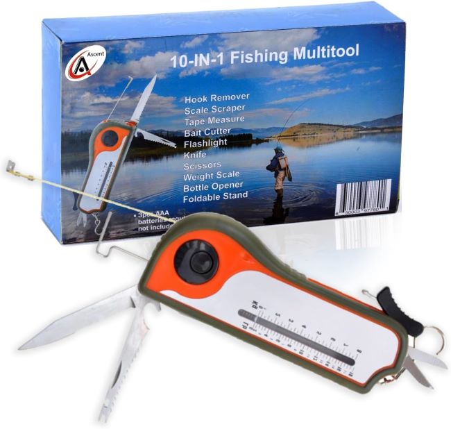 Swiss Ascent fishing multitool with hook remover, scale scraper, tape measure and flashlight for all-in-one fishing tool