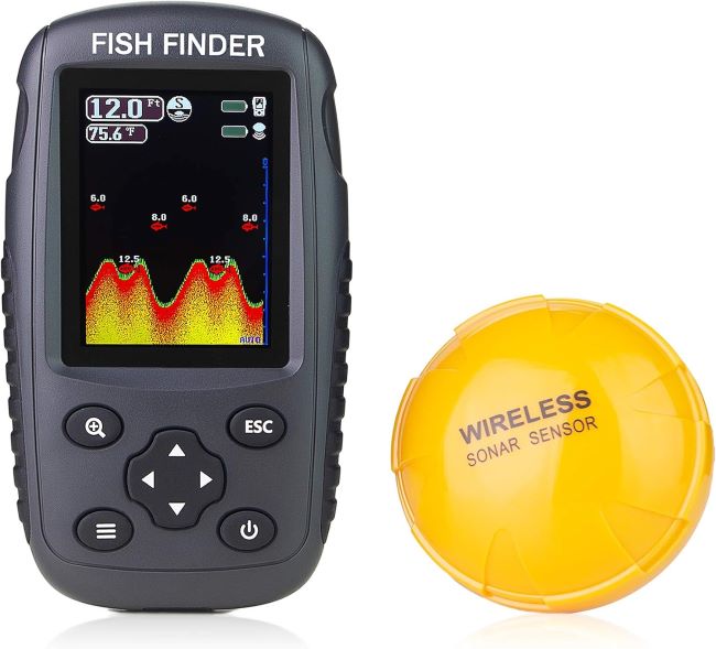 Venterior rechargeable wireless fish finder with color display showing fish size, depth, and bottom contour details