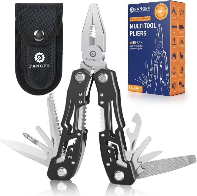 Fangfo 14-in-1 multitool pliers with safety locking system, knife and screwdriver for camping and fishing use