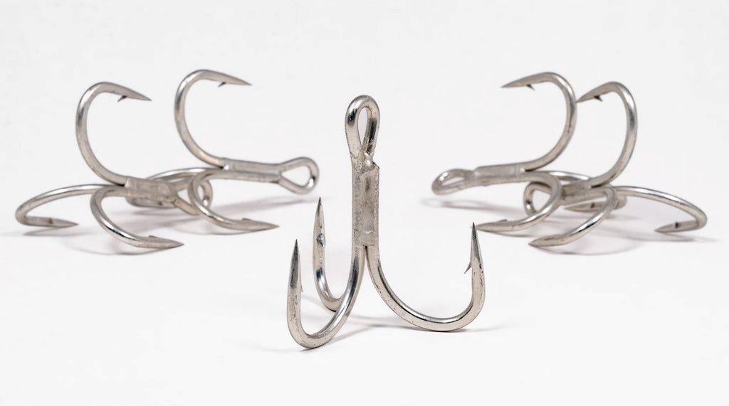 Fishing hooks tied to fishing line ready for freshwater and saltwater fishing setup