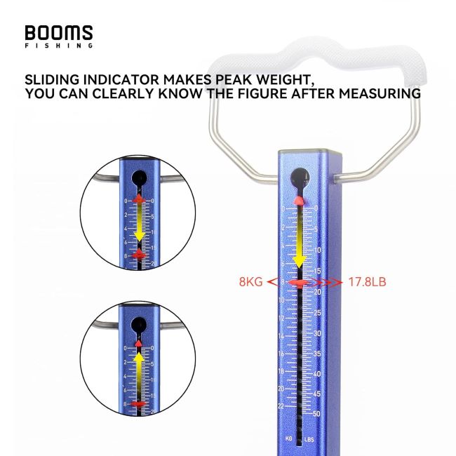 Booms Fishing spring scale showing tension measurement for fishing rigs and hooks