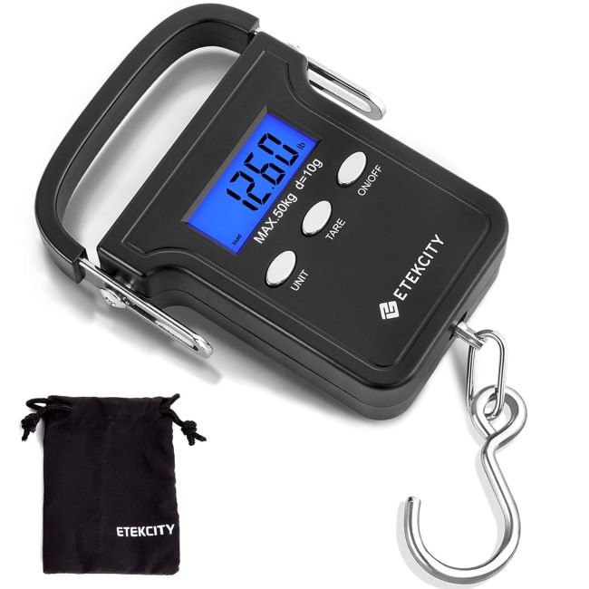 Etekcity digital fishing scale with LCD display weighing large fish using hook and handle