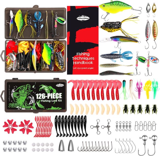 FONMANG fishing lure kit with tackle box including VIBs, frogs, minnows, soft baits, hooks, and weights for bass, walleye, and trout fishing
