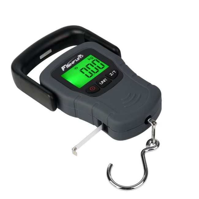 Fishfun hanging digital fish scale with large handle measuring heavy catch with tape feature
