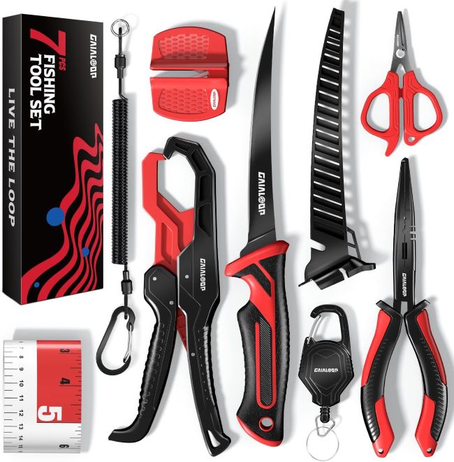 Gaialoop 7-piece fishing tools kit with pliers, fillet knife, scissors, gripper, ruler, and accessories for saltwater and freshwater use