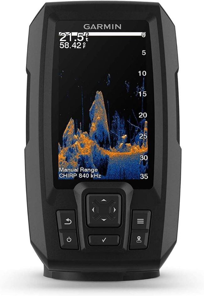 Garmin Striker Vivid 4cv fishfinder with 4-inch color display and easy-to-use scanning sonar for fishing navigation