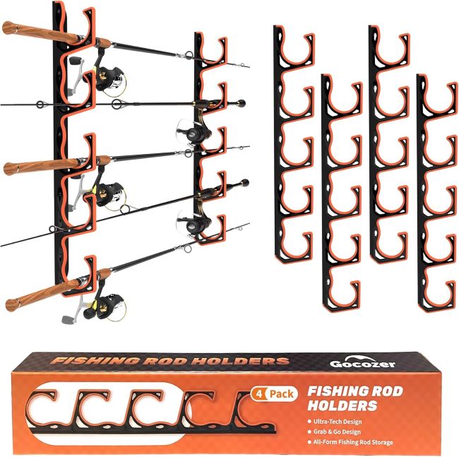 Gocozer fishing rod holder with wall or ceiling mounting and protective pads for organized rod storage