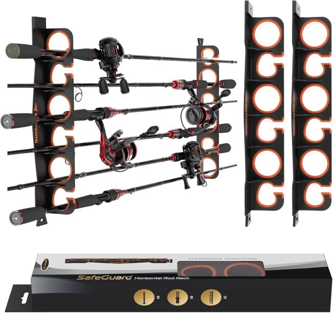 KastKing SafeGuard fishing rod rack mounted on wall or ceiling holding 6 rods in under 18 inches