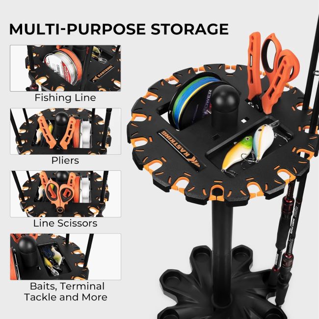 KastKing V16 rotating fishing rod holder with floor rack design storing up to 16 rods and combos