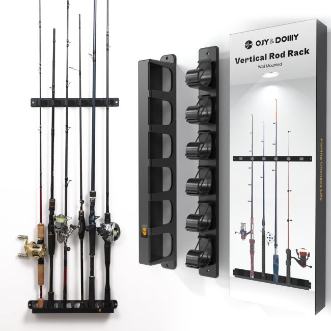 OJYDOIIIY vertical wall mount fishing rod holder for compact fishing pole storage in the garage