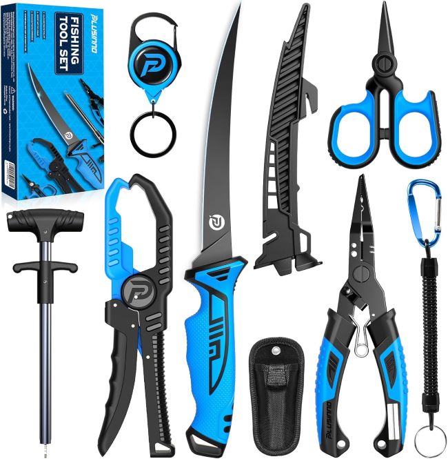 PLUSINNO corrosion-resistant fishing tools set with pliers, fishing knife, and floating fish lip gripper for freshwater and saltwater anglers
