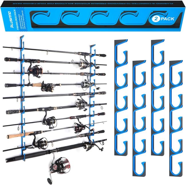 PLUSINNO H5 horizontal fishing rod holder with wall or ceiling mount storing up to 20 rods or combos