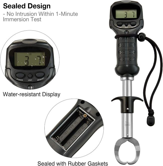 Piscifun fish gripper with built-in digital scale holding saltwater fish for accurate measurement