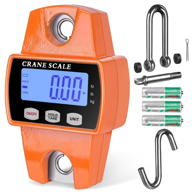 RoMech heavy-duty hanging scale with metal body measuring large fish and outdoor loads
