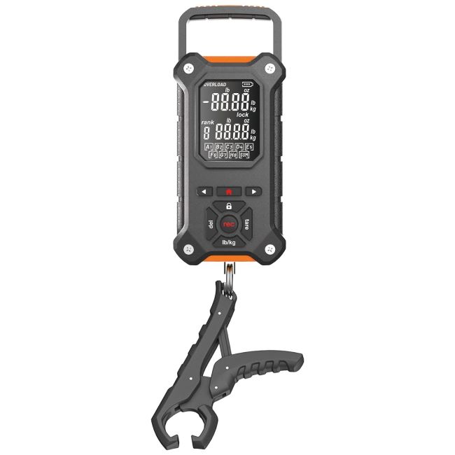 SNAIL TRAIL digital fish scale with lip gripper weighing bass on a boat with clear display
