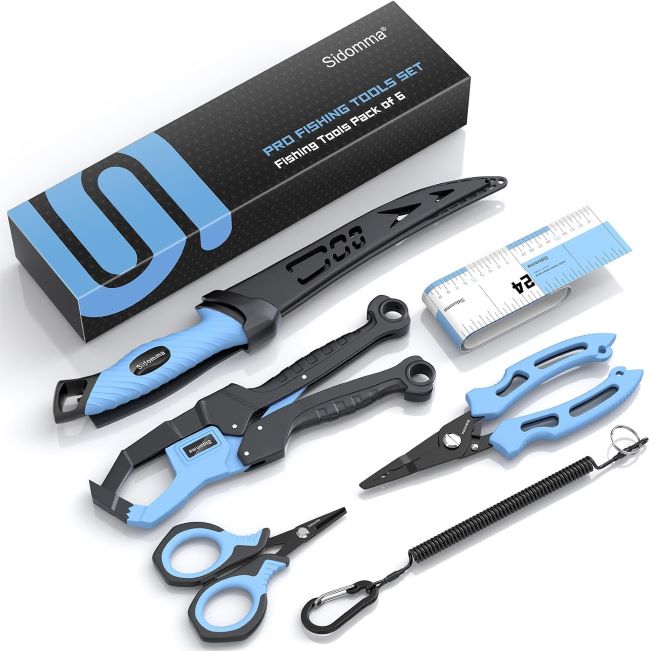 Sidomma Pro fishing gear kit with pliers, fillet knife, scissors, lip gripper, and fish ruler for saltwater, fly, and ice fishing