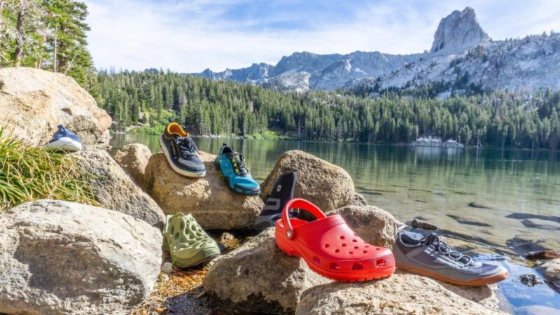 Different aqua shoes displayed for fishing and beach water adventure activities