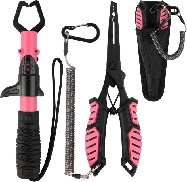 Mouhike fishing pliers and lip gripper kit with hook remover, line cutter, sheath, and lanyard for saltwater and ice fishing