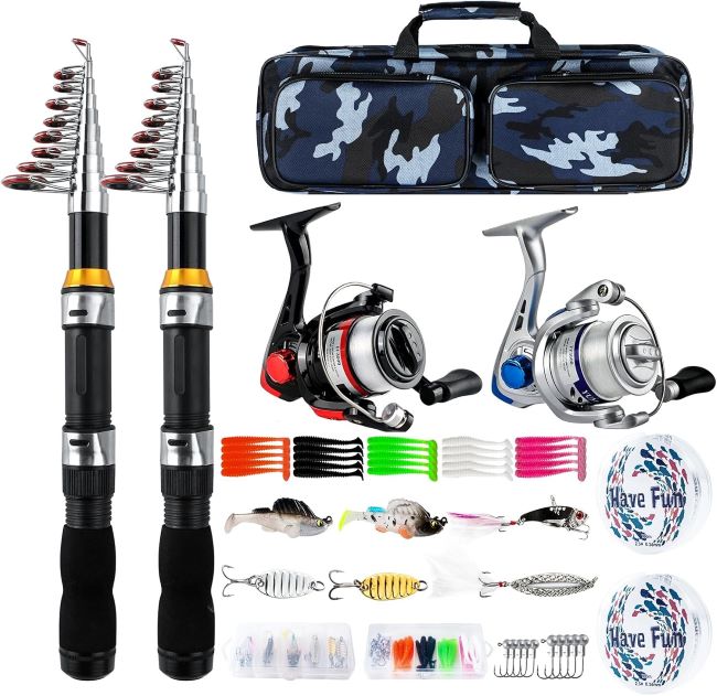 Mouhike telescopic fishing rod and reel combo kit with collapsible rods, lures, and travel bag for portable saltwater and freshwater fishing