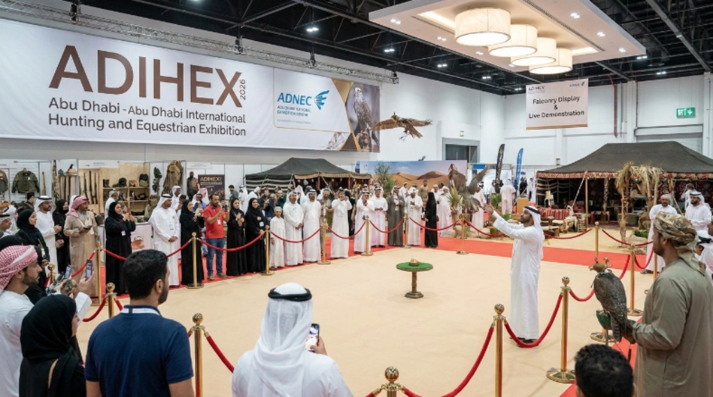 Falconry display and live demonstration at ADIHEX 2026 inside ADNEC Centre Abu Dhabi
