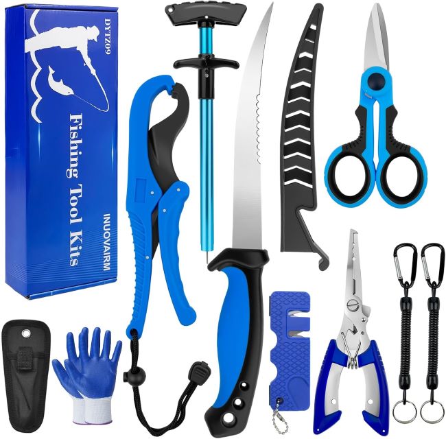 INUOVAIRM 9-piece fishing gear kit with pliers, fillet knife, hook remover, scissors, lip gripper, gloves, and sharpening tool for anglers
